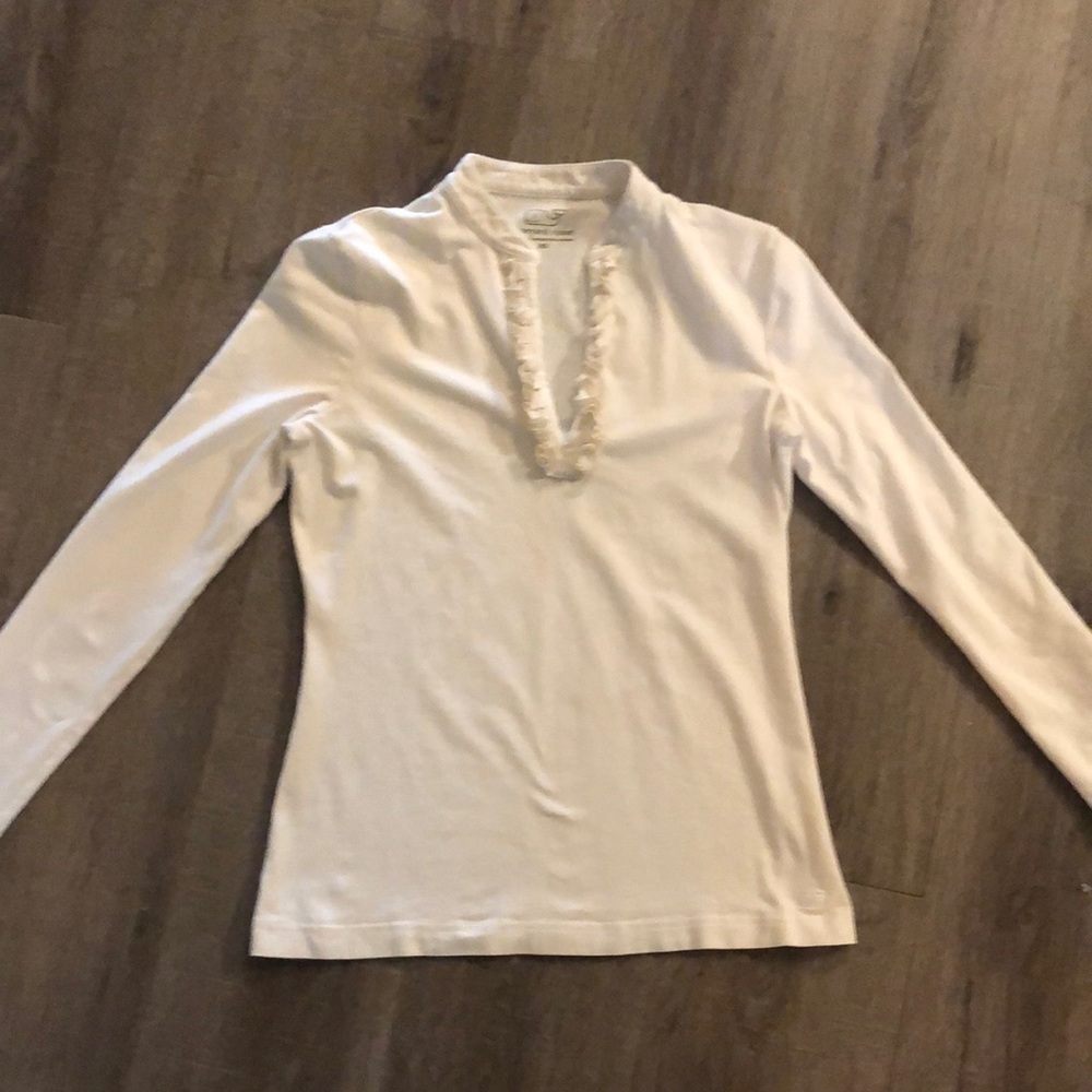 Vineyard Vines Ivory Long Sleeve V-Neck Ruffle Shirt